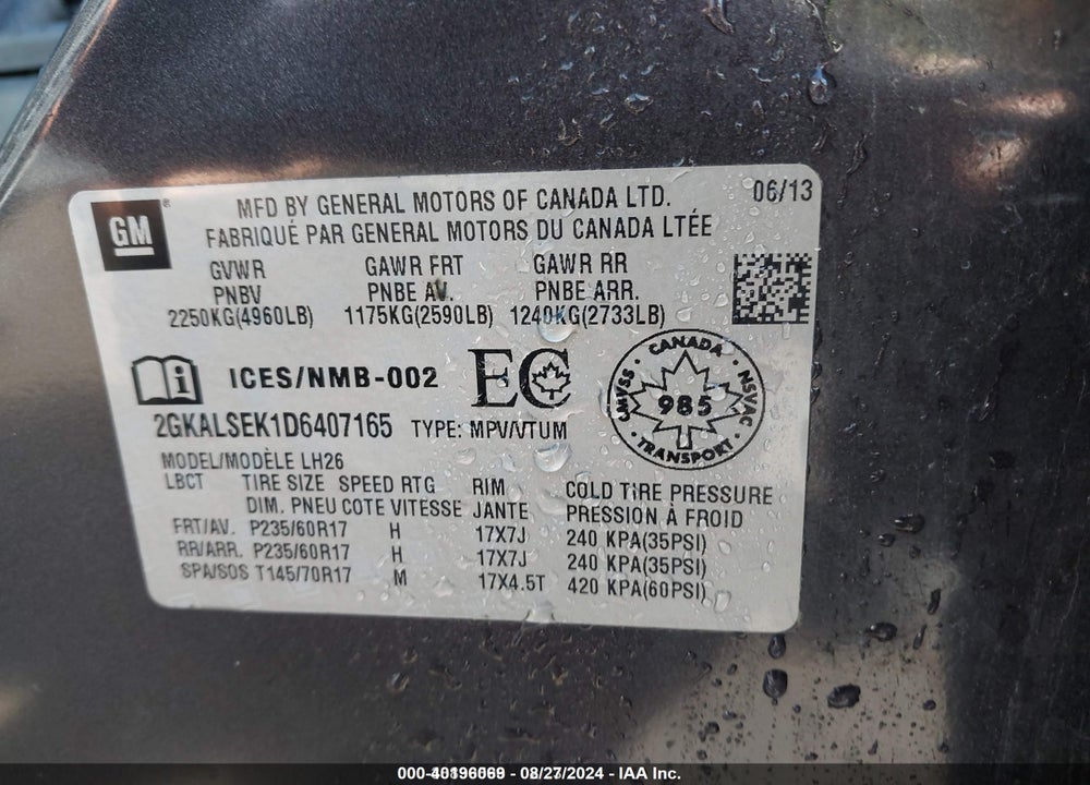 2013 GMC TERRAIN SLE-2 VIN: 2GKALSEK1D6407165