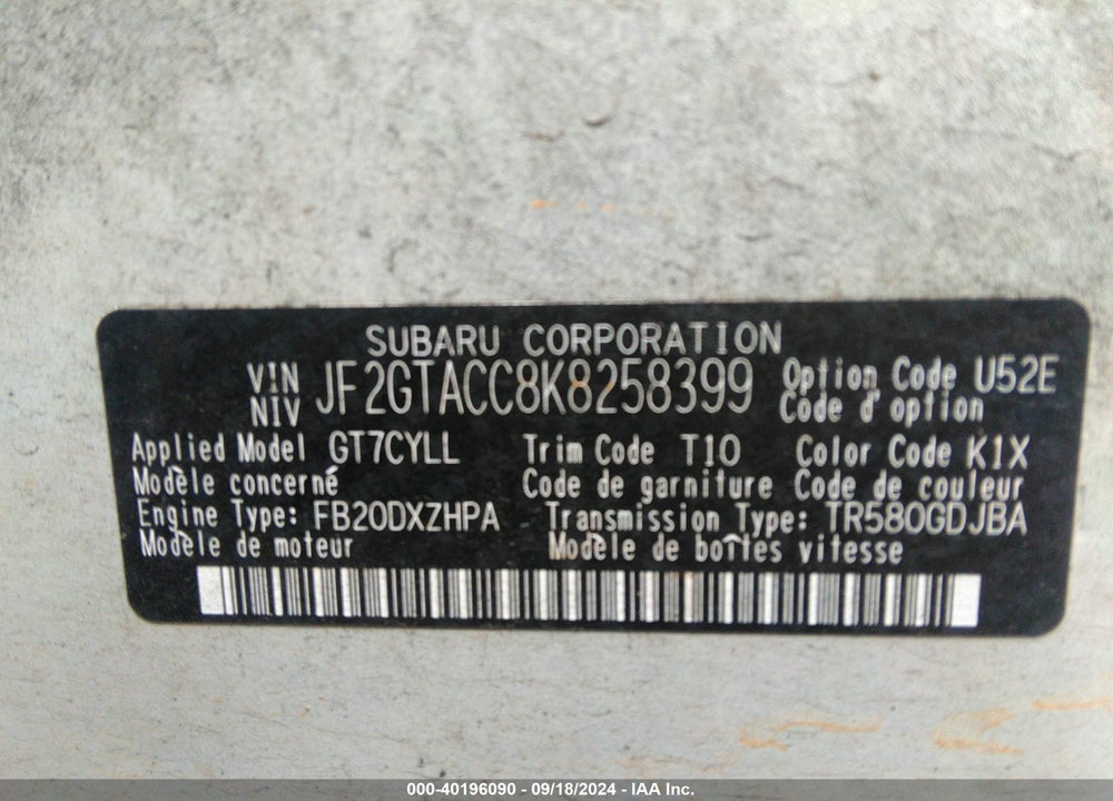 2019 SUBARU CROSSTREK 2.0I PREMIUM VIN: JF2GTACC8K8258399