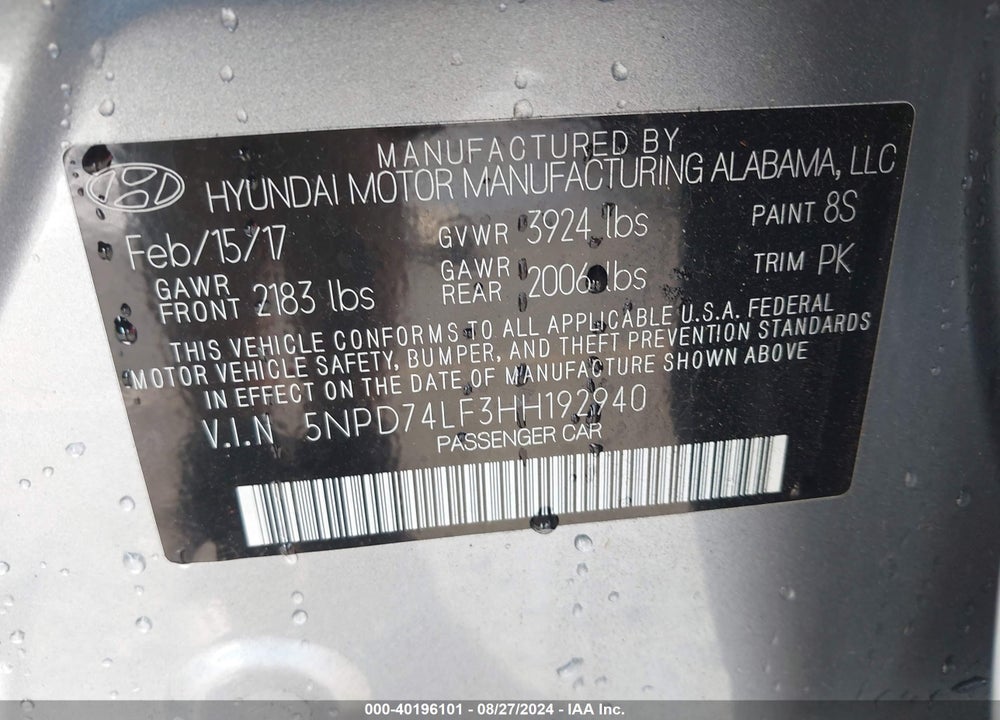 2017 HYUNDAI ELANTRA SE VIN: 5NPD74LF3HH192940