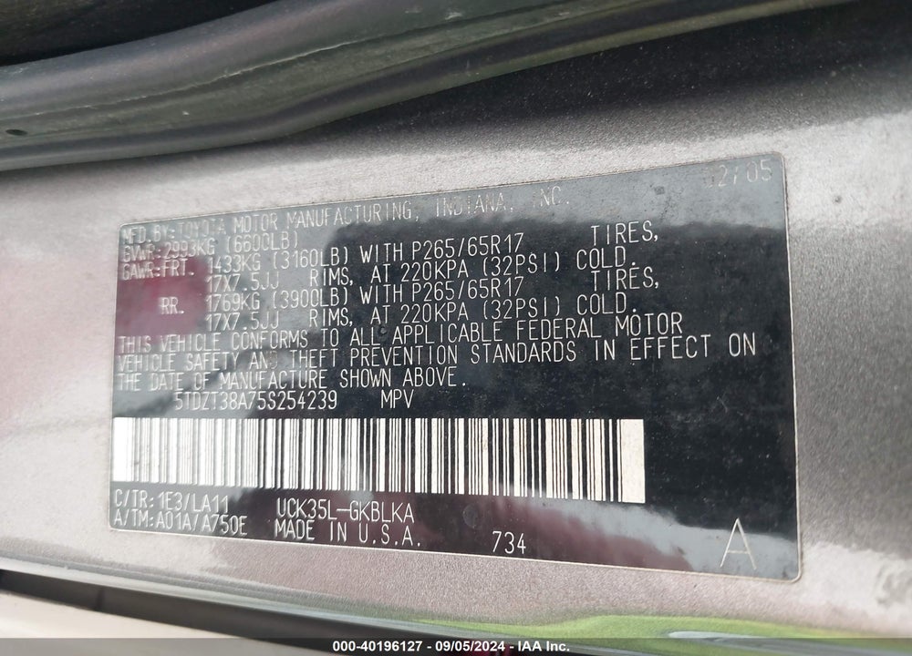2005 TOYOTA SEQUOIA LIMITED V8 VIN: 5TDZT38A75S254239