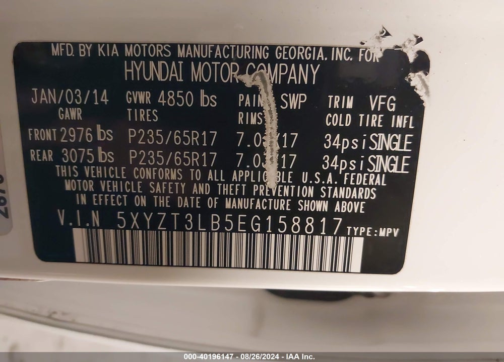 2014 HYUNDAI SANTA FE SPORT 2.4L VIN: 5XYZT3LB5EG158817