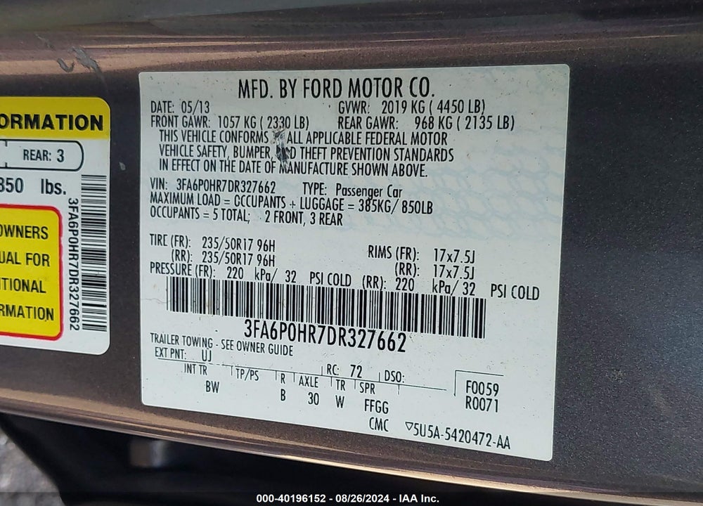 2013 FORD FUSION SE VIN: 3FA6P0HR7DR327662