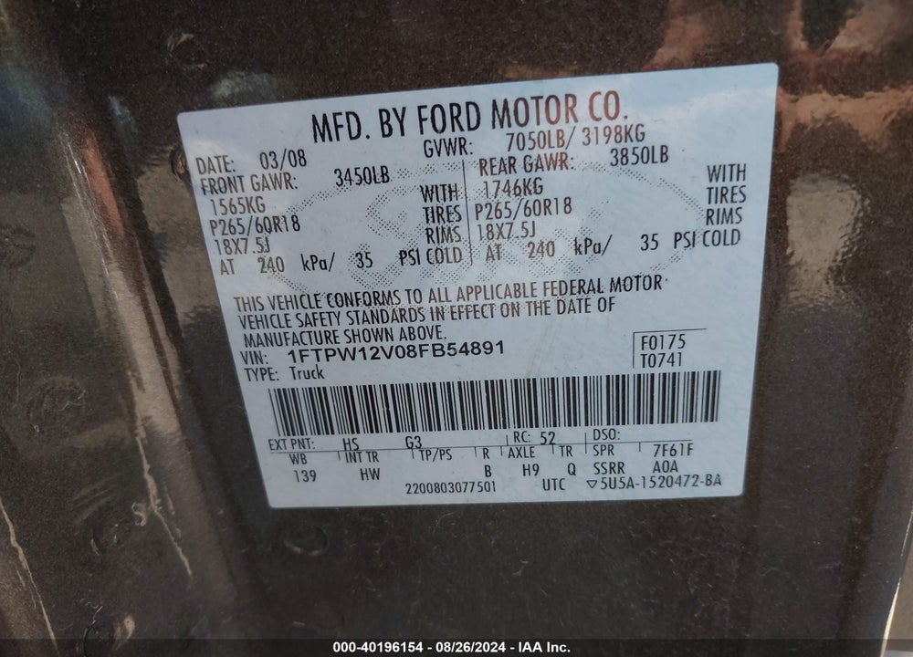 2008 FORD F-150 VIN: 1FTPW12V08FB54891