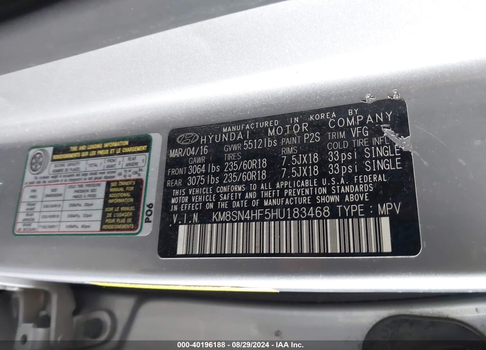 2017 HYUNDAI SANTA FE SE VIN: KM8SN4HF5HU183468