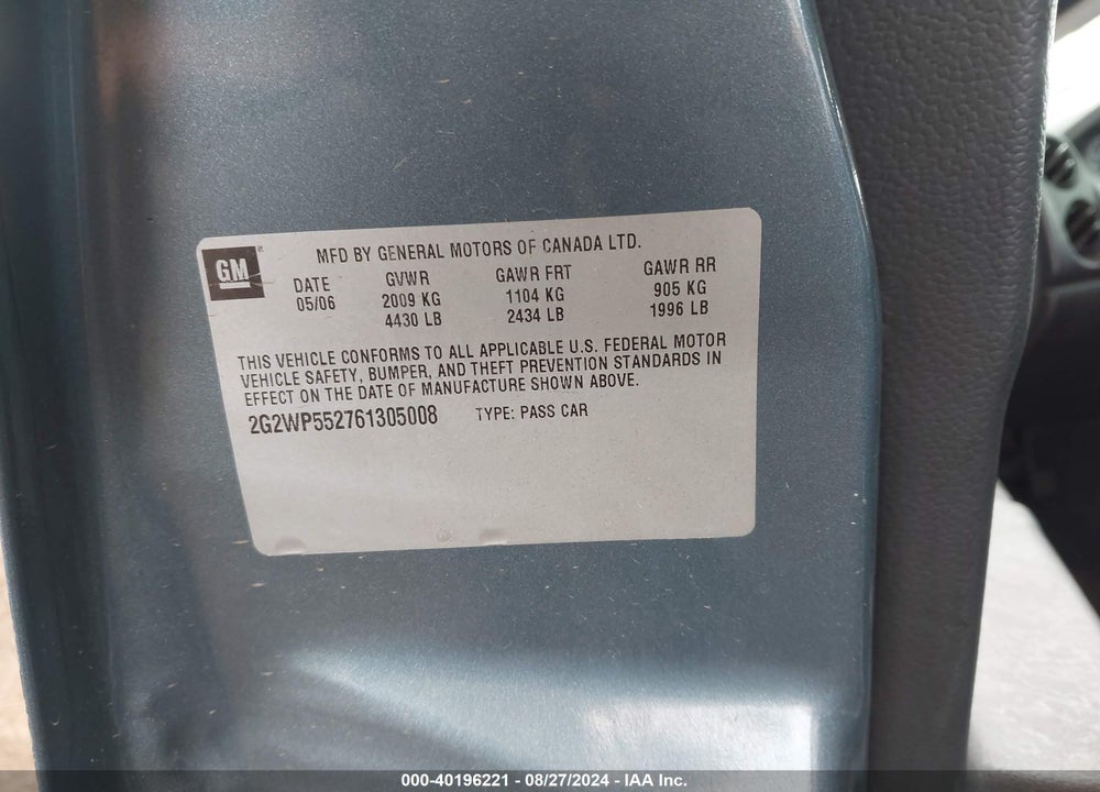 2006 PONTIAC GRAND PRIX VIN: 2G2WP552761305008