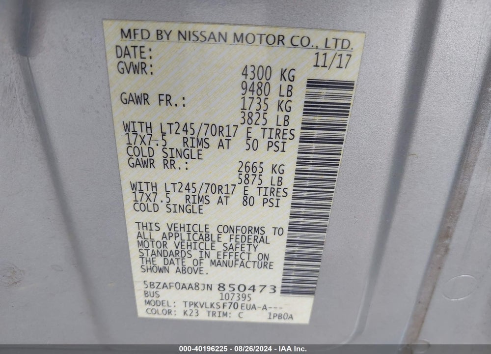 2018 NISSAN NV PASSENGER NV3500 HD SL V8 VIN: 5BZAF0AA8JN850473