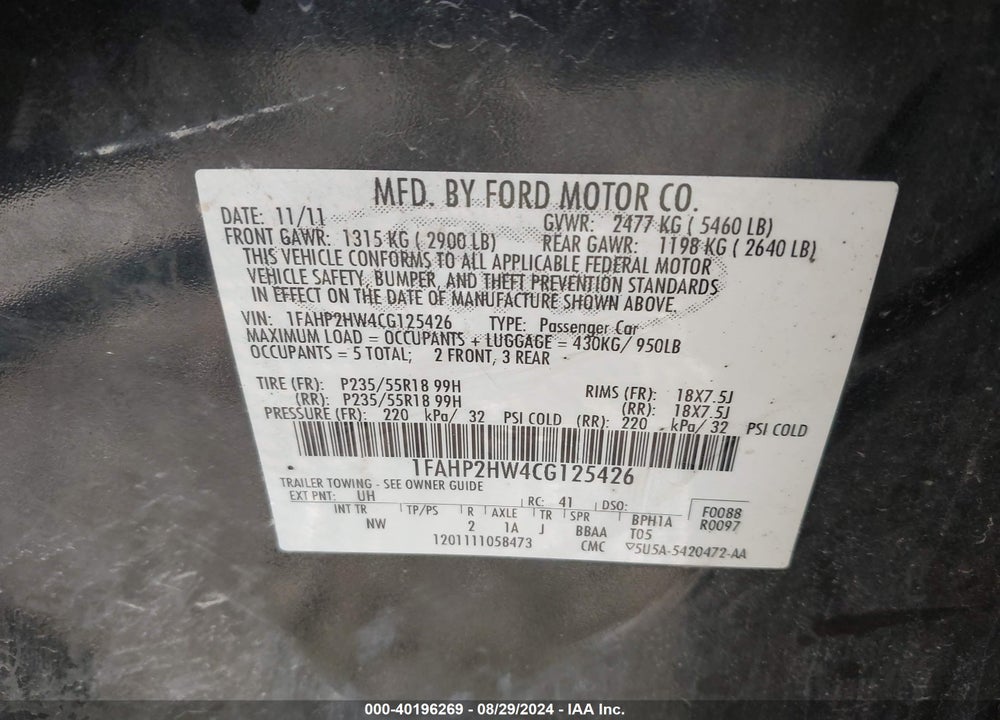 2012 FORD TAURUS SEL VIN: 1FAHP2HW4CG125426