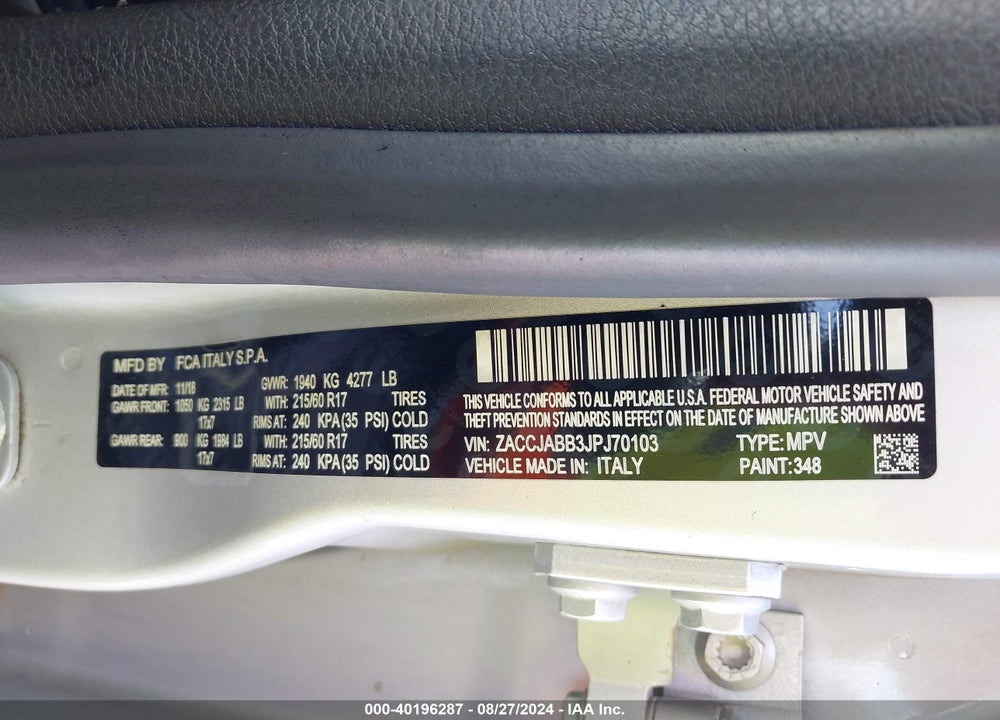 2018 JEEP RENEGADE LATITUDE FWD VIN: ZACCJABB3JPJ70103