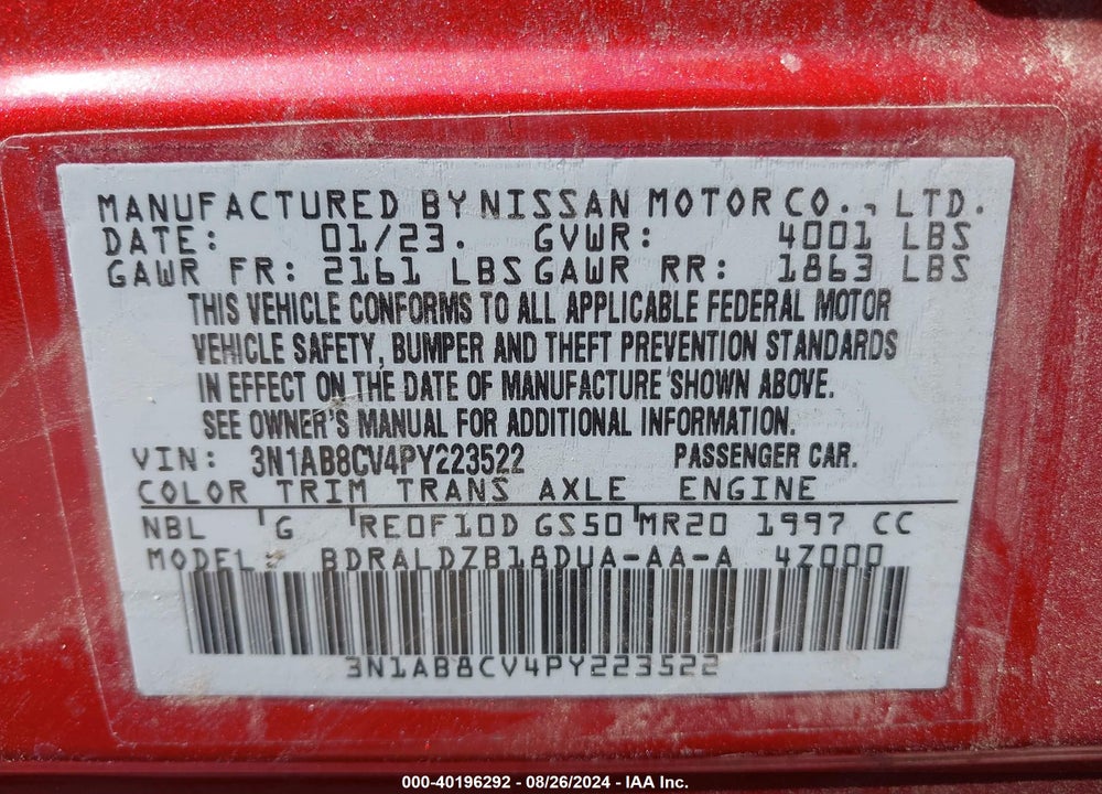 2023 NISSAN SENTRA SV XTRONIC CVT VIN: 3N1AB8CV4PY223522
