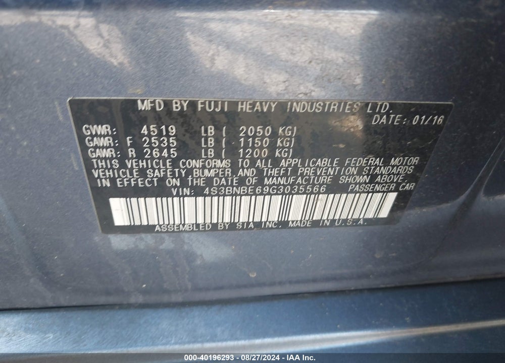 2016 SUBARU LEGACY 2.5I PREMIUM VIN: 4S3BNBE69G3035566