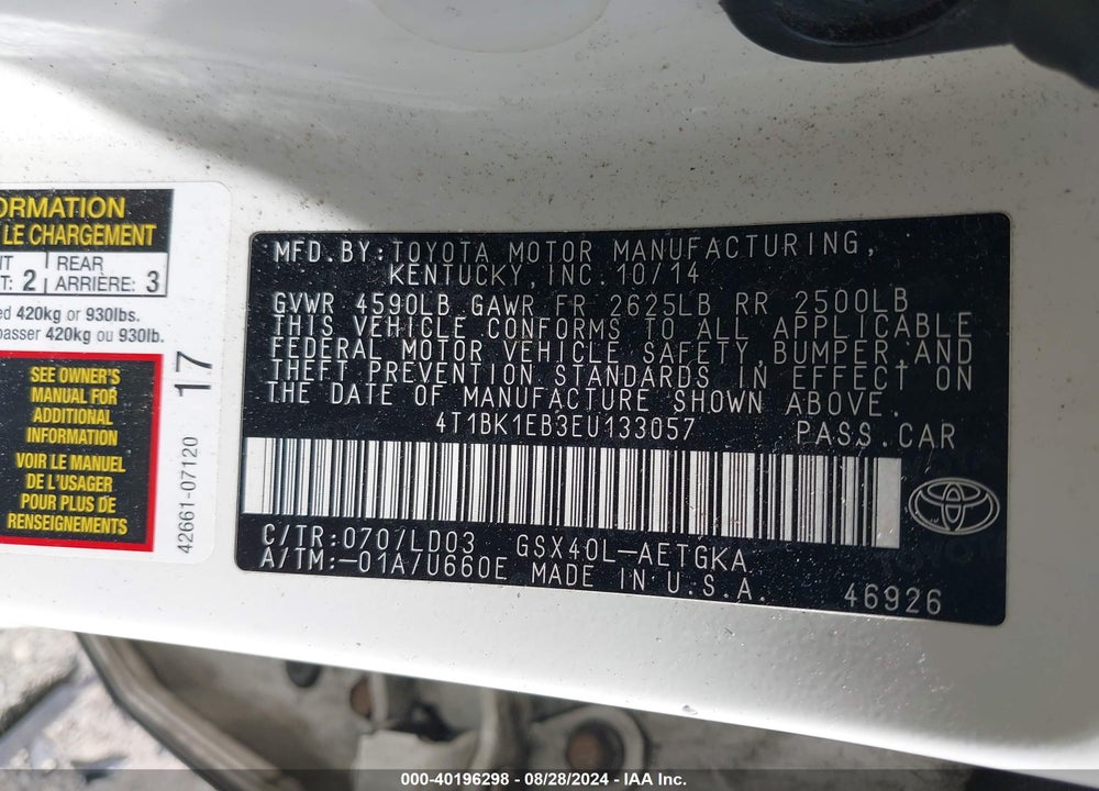 2014 TOYOTA AVALON VIN: 4T1BK1EB3EU133057