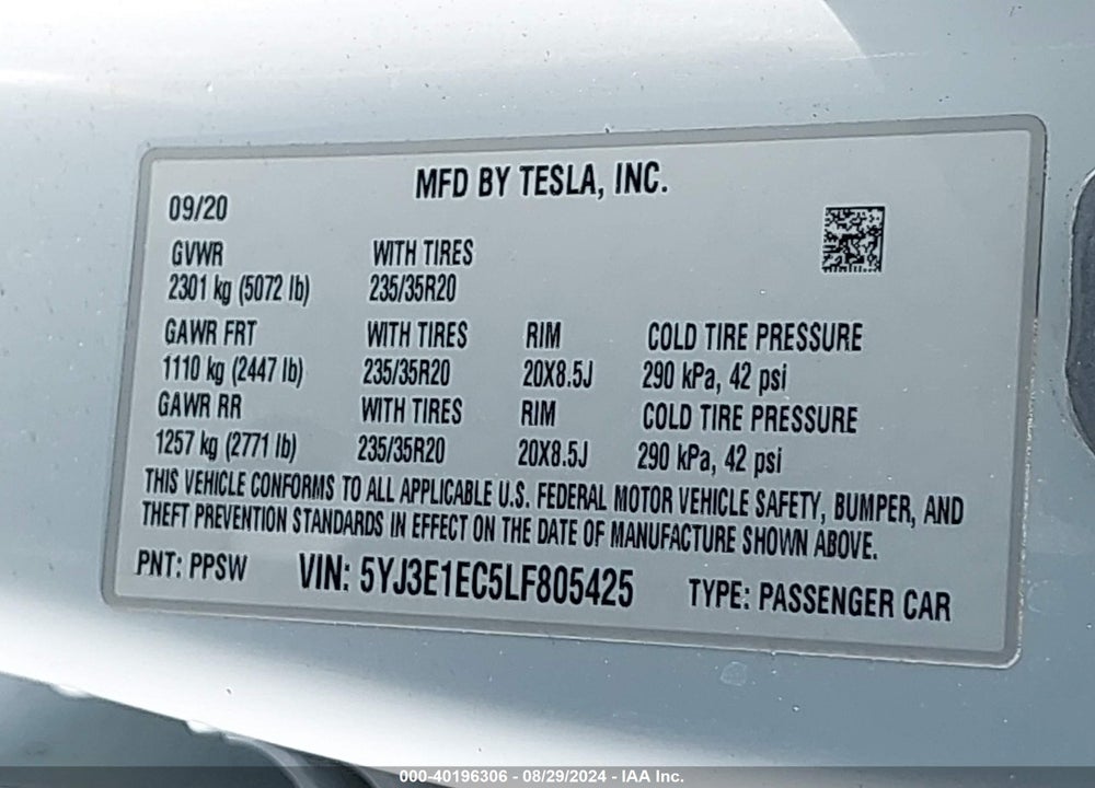 2020 TESLA MODEL 3 PERFORMANCE DUAL MOTOR ALL-WHEEL DRIVE VIN: 5YJ3E1EC5LF805425