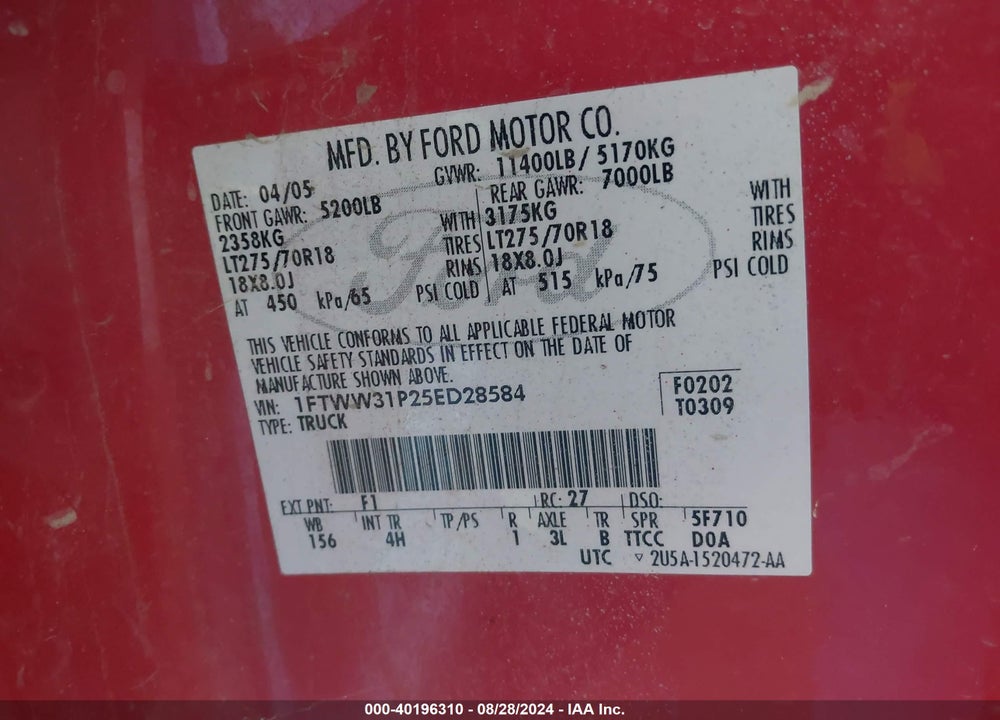 2005 FORD F-350 LARIAT/XL/XLT VIN: 1FTWW31P25ED28584