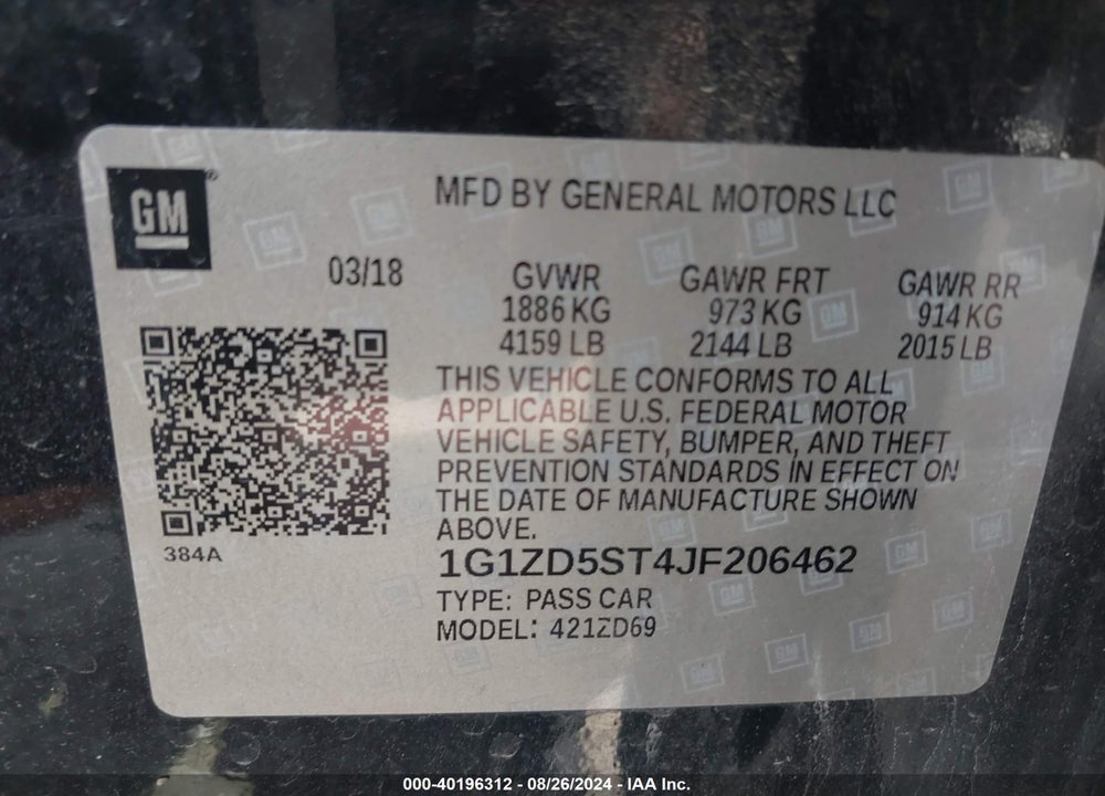 2018 CHEVROLET MALIBU LT VIN: 1G1ZD5ST4JF206462
