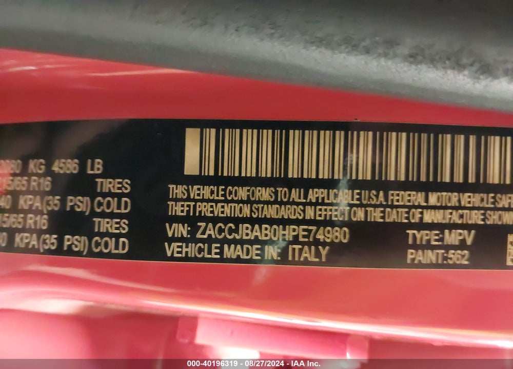 2017 JEEP RENEGADE SPORT 4X4 VIN: ZACCJBAB0HPE74980