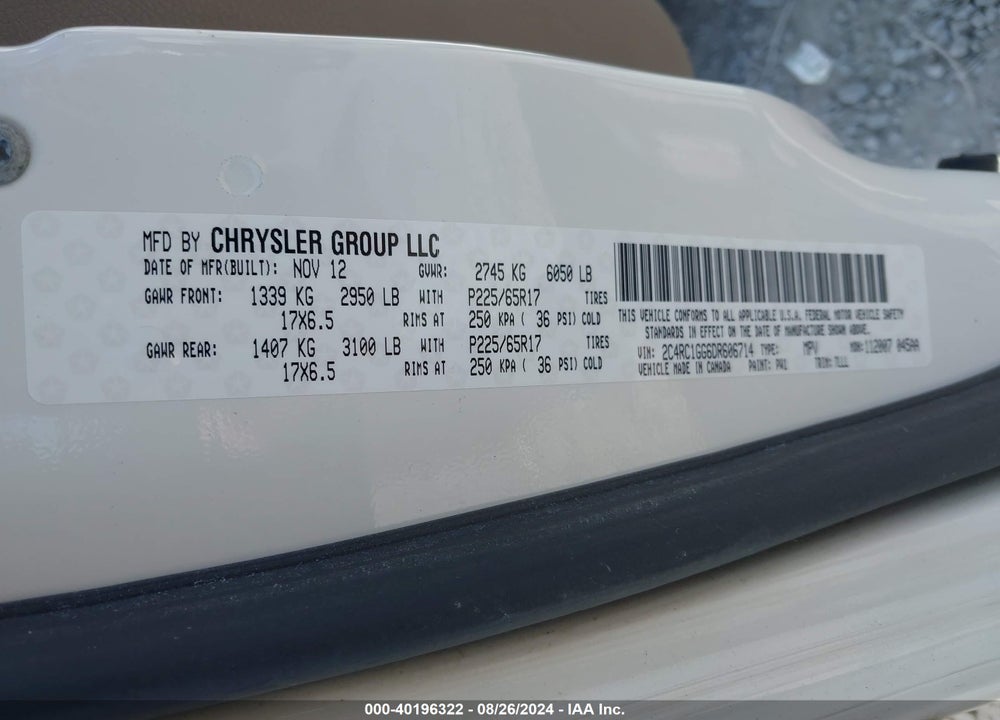 2013 CHRYSLER TOWN & COUNTRY LIMITED VIN: 2C4RC1GG6DR606714