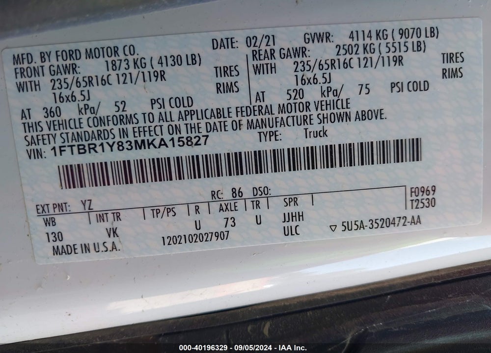 2021 FORD TRANSIT-250 VIN: 1FTBR1Y83MKA15827