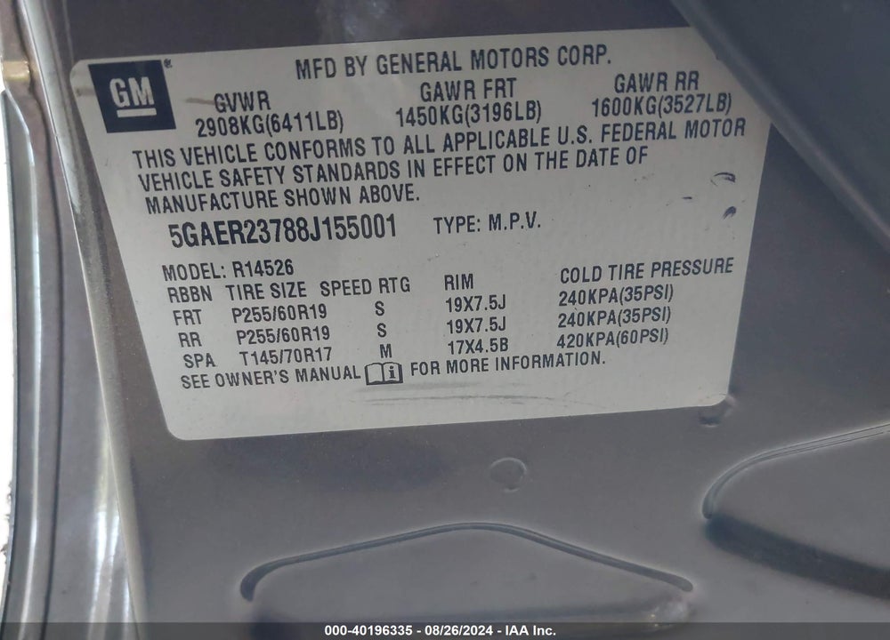 2008 BUICK ENCLAVE CXL VIN: 5GAER23788J155001