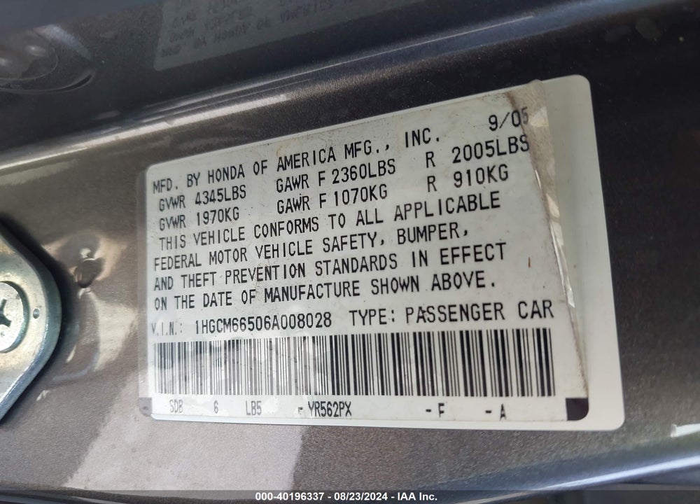 2006 HONDA ACCORD 3.0 EX VIN: 1HGCM66506A008028
