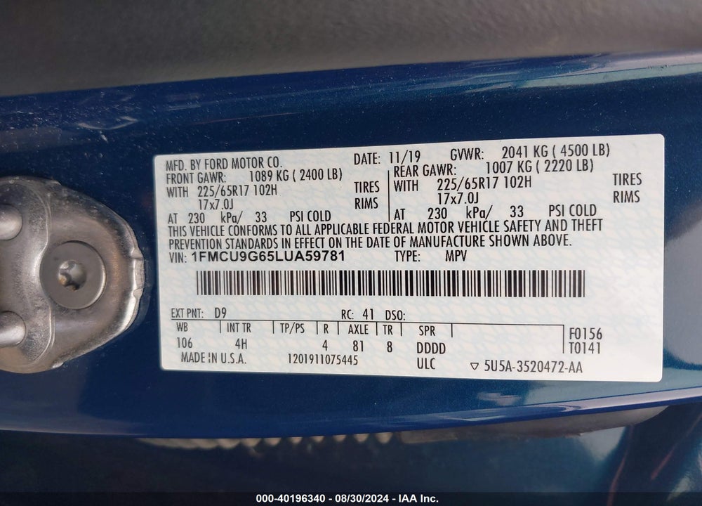 2020 FORD ESCAPE SE VIN: 1FMCU9G65LUA59781