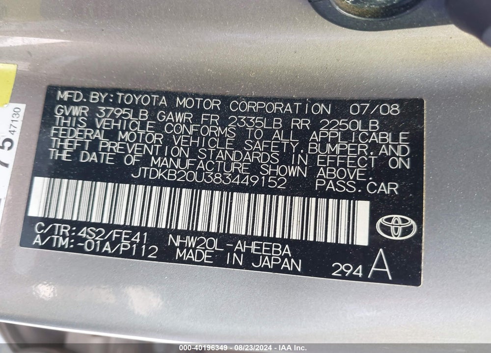 2008 TOYOTA PRIUS VIN: JTDKB20U383449152