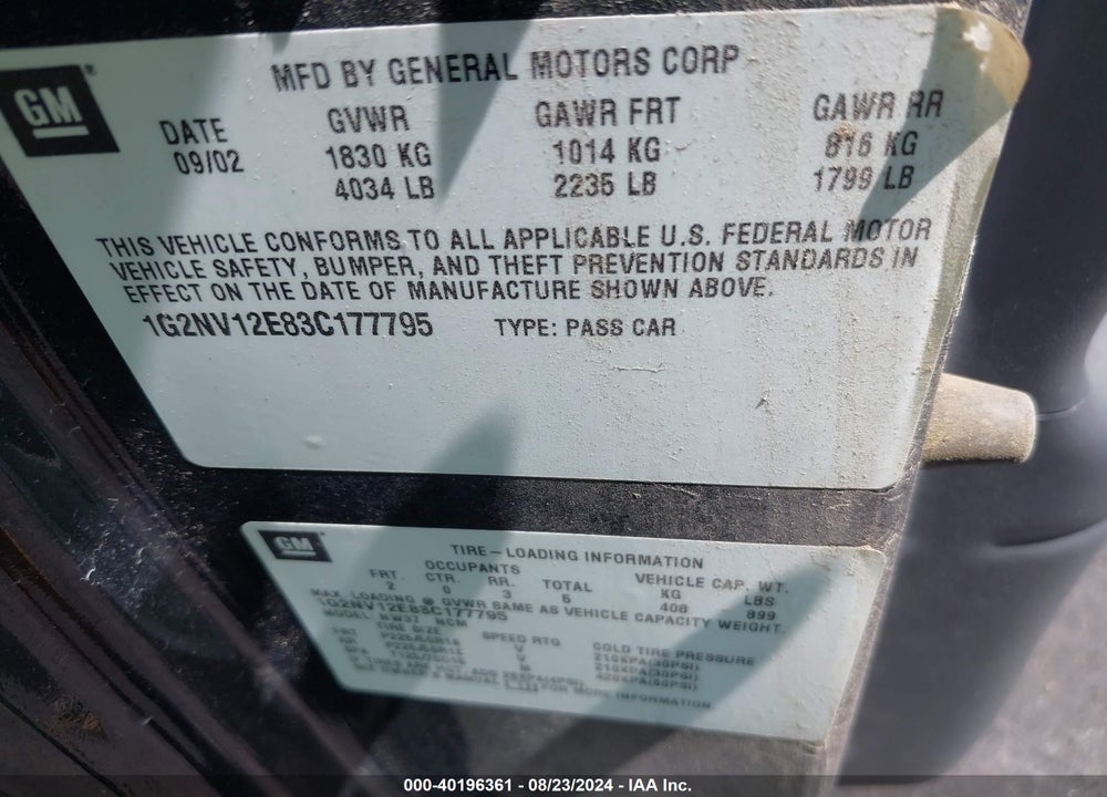 2003 PONTIAC GRAND AM GT1 VIN: 1G2NV12E83C177795