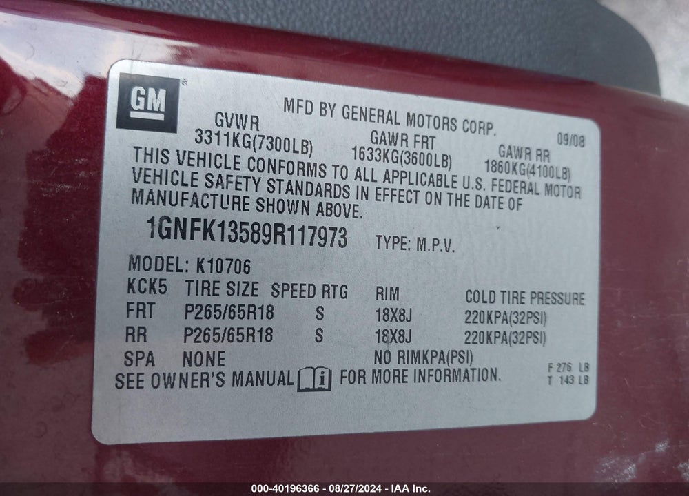 2009 CHEVROLET TAHOE HYBRID VIN: 1GNFK13589R117973