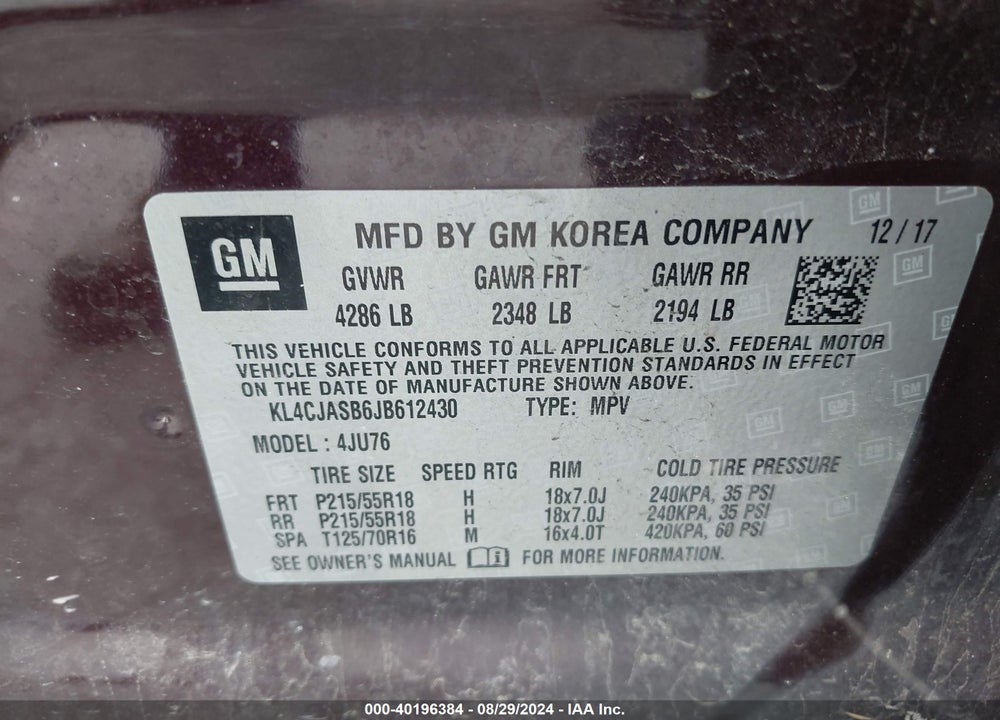 2018 BUICK ENCORE PREFERRED VIN: KL4CJASB6JB612430