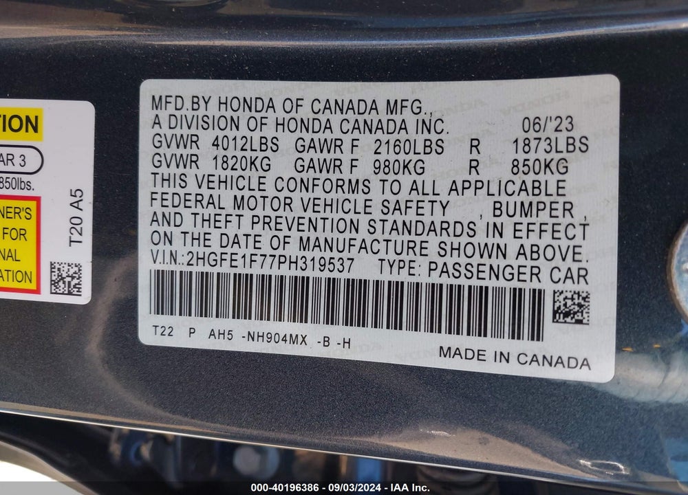 2023 HONDA CIVIC EX /EX W/O BSI VIN: 2HGFE1F77PH319537