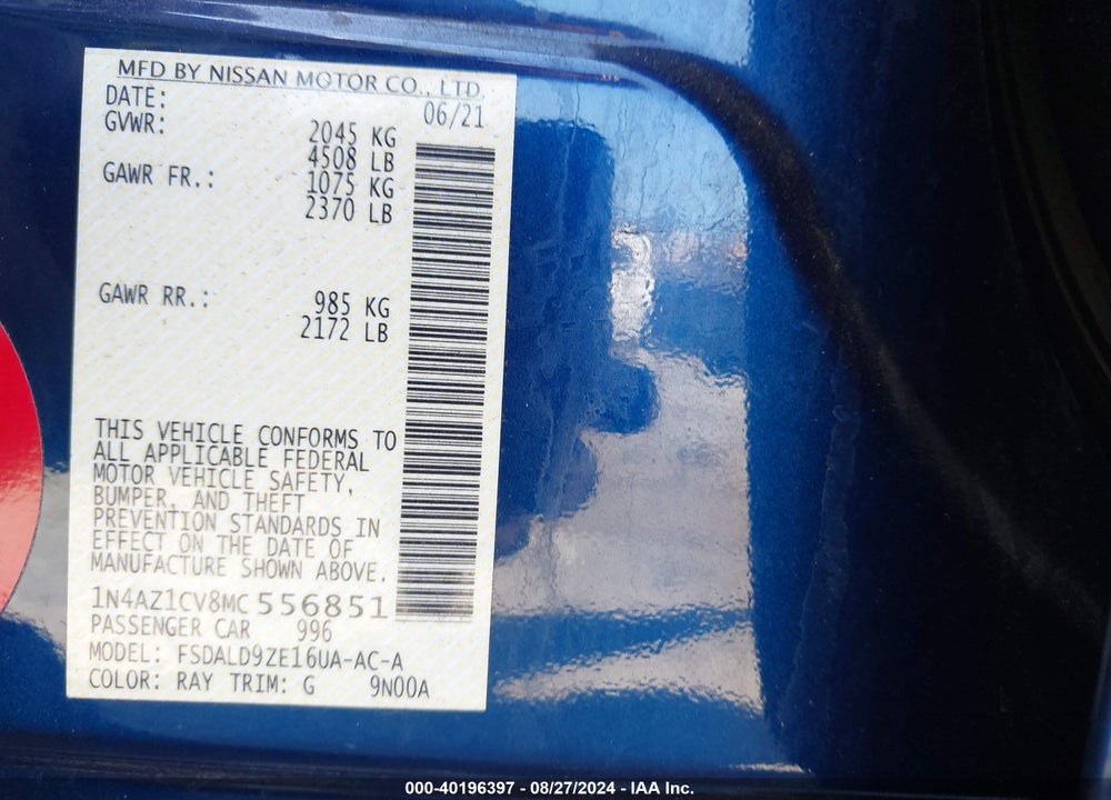 2021 NISSAN LEAF SV 40 KWH VIN: 1N4AZ1CV8MC556851