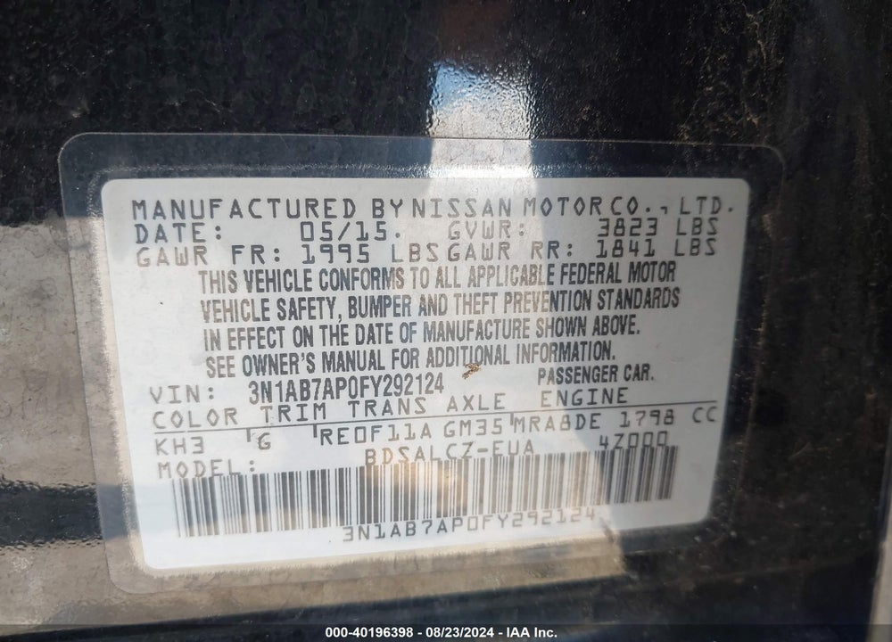 2015 NISSAN SENTRA S VIN: 3N1AB7AP0FY292124