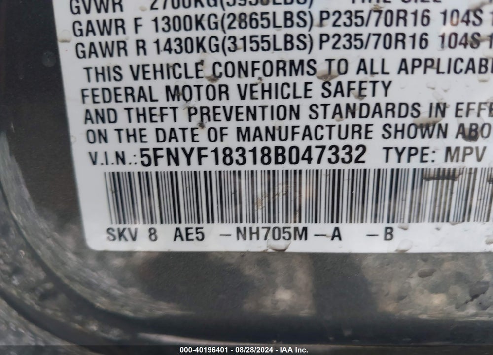 2008 HONDA PILOT SE VIN: 5FNYF18318B047332