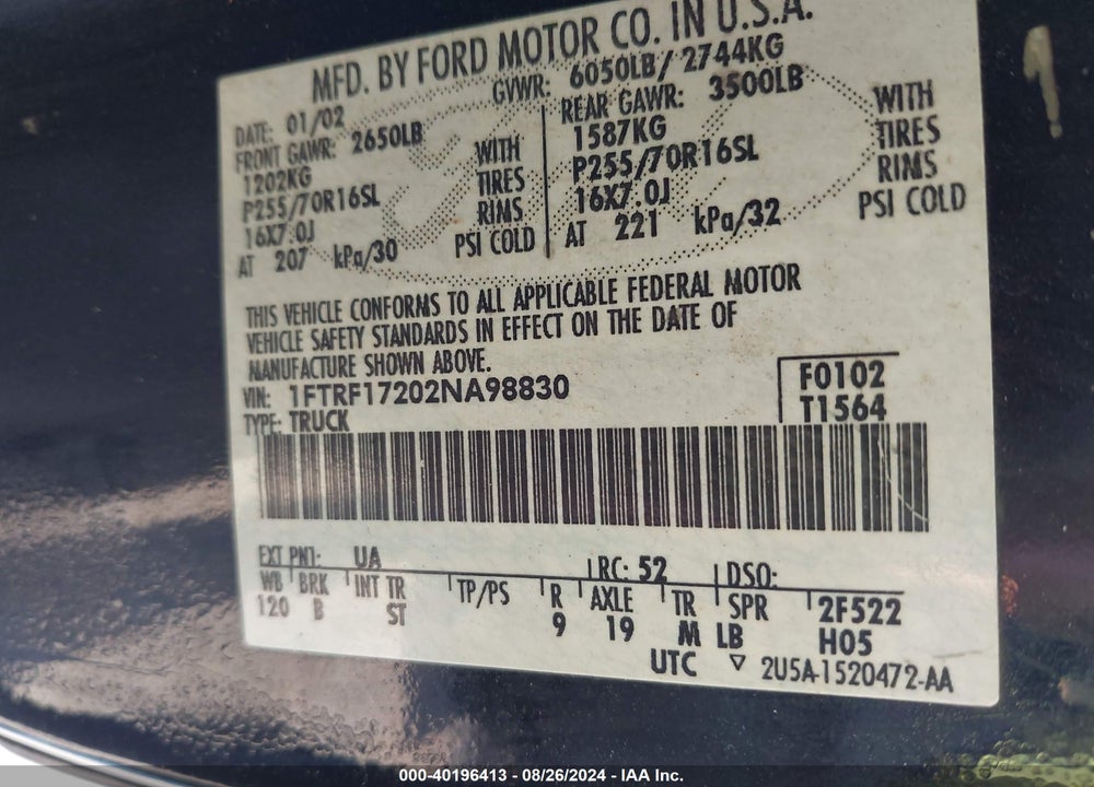 2002 FORD F-150 XL/XLT VIN: 1FTRF17202NA98830