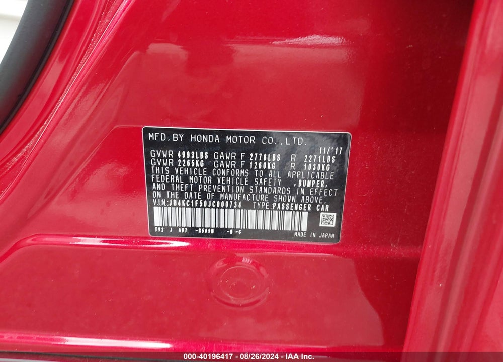 2018 ACURA RLX VIN: JH4KC1F50JC000734