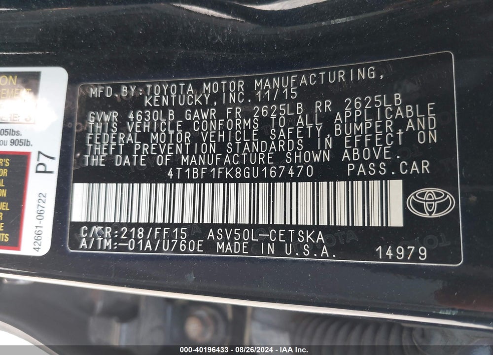 2016 TOYOTA CAMRY SE VIN: 4T1BF1FK8GU167470