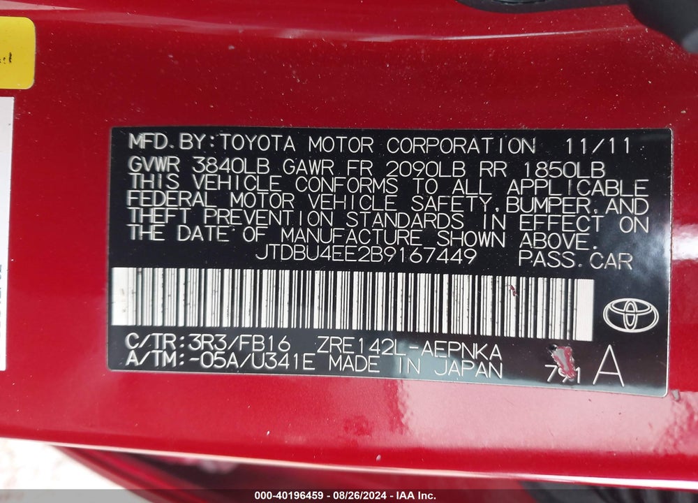 2011 TOYOTA COROLLA LE VIN: JTDBU4EE2B9167449