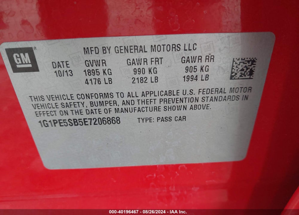 2014 CHEVROLET CRUZE 2LT AUTO VIN: 1G1PE5SB5E7206868