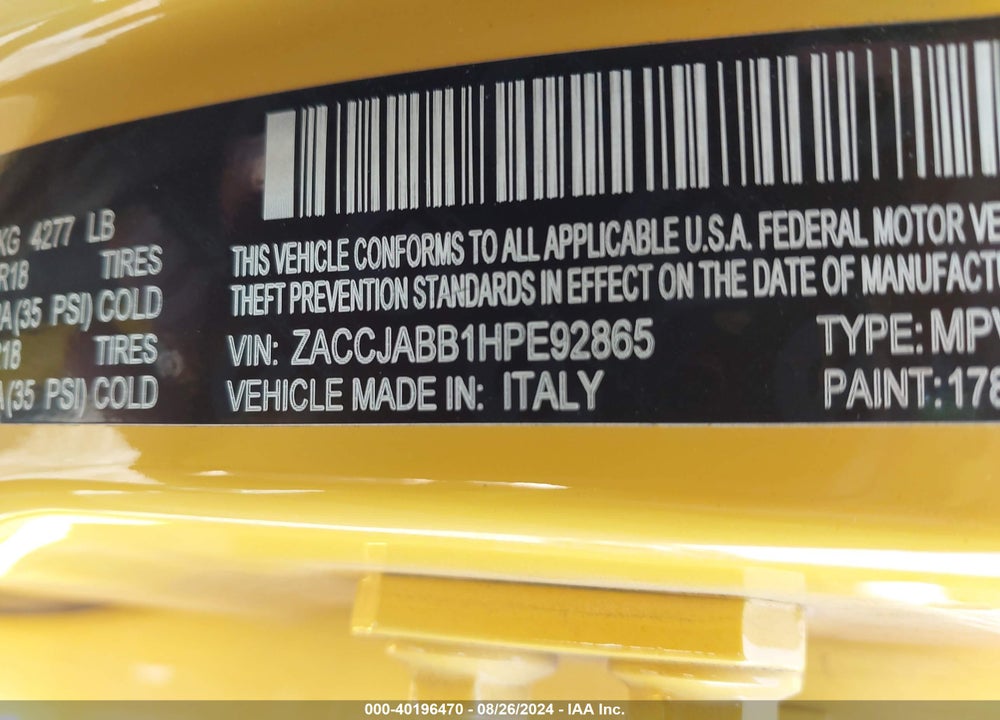 2017 JEEP RENEGADE ALTITUDE FWD VIN: ZACCJABB1HPE92865