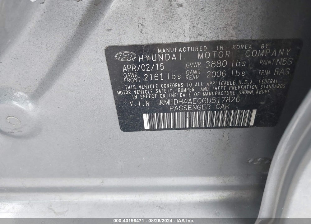 2016 HYUNDAI ELANTRA SE VIN: KMHDH4AE0GU517826