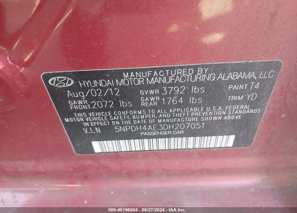 2013 HYUNDAI ELANTRA GLS VIN: 5NPDH4AE3DH207051