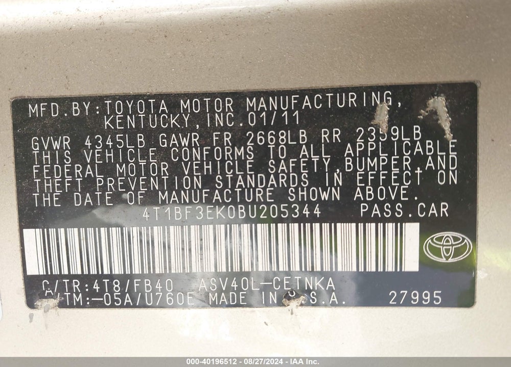 2011 TOYOTA CAMRY LE VIN: 4T1BF3EK0BU205344