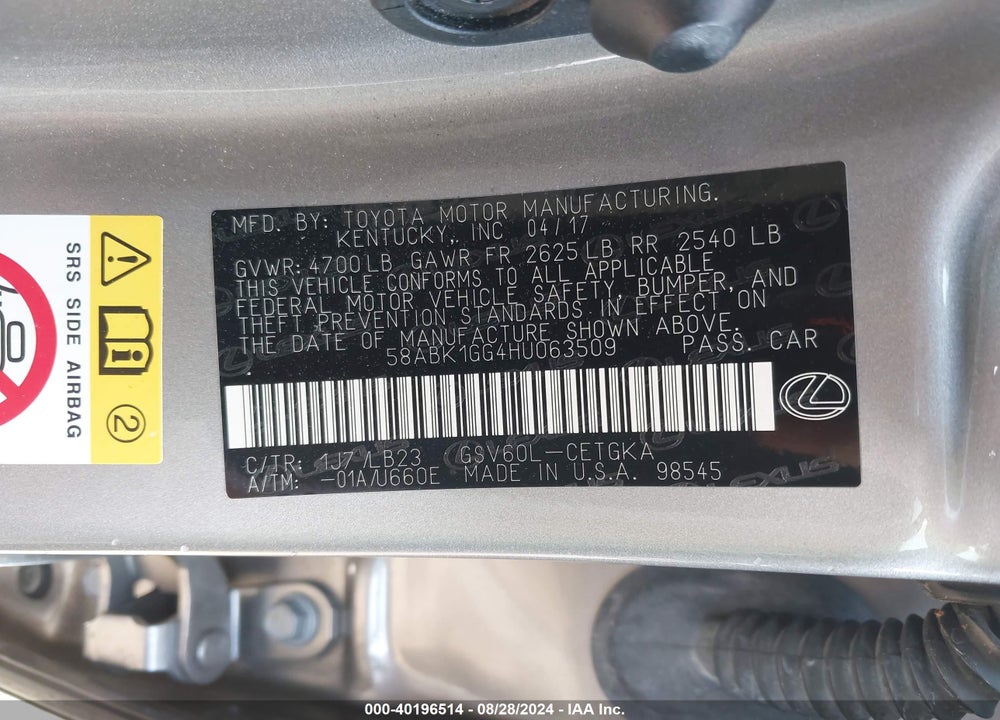 2017 LEXUS ES 350 VIN: 58ABK1GG4HU063509