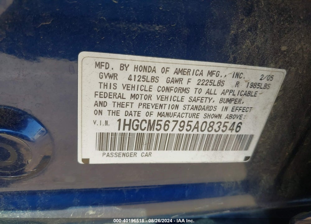2005 HONDA ACCORD 2.4 EX VIN: 1HGCM56795A083546