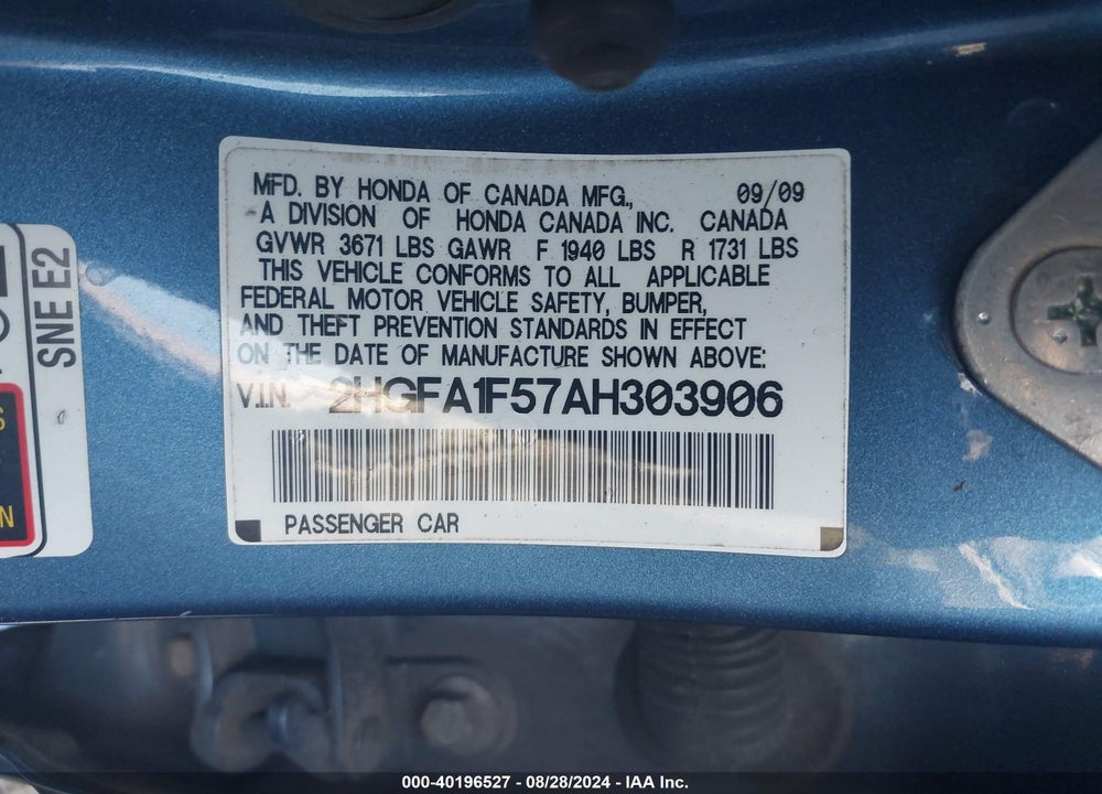 2010 HONDA CIVIC LX VIN: 2HGFA1F57AH303906