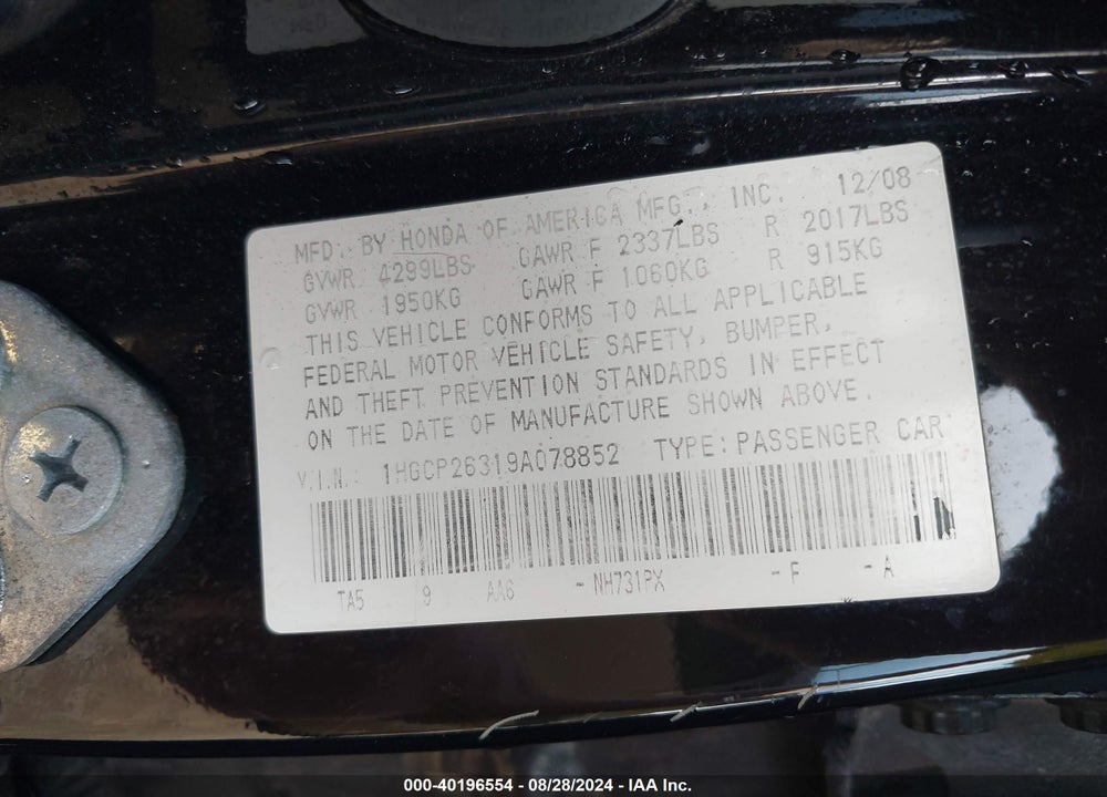 2009 HONDA ACCORD 2.4 LX VIN: 1HGCP26319A078852