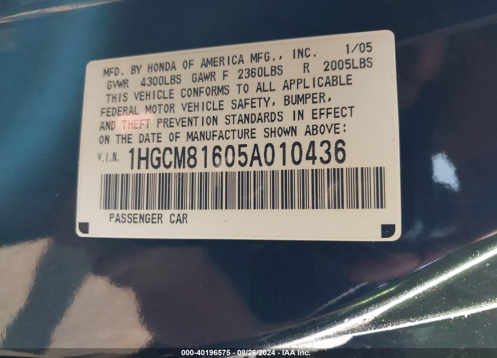 2005 HONDA ACCORD 3.0 EX VIN: 1HGCM81605A010436