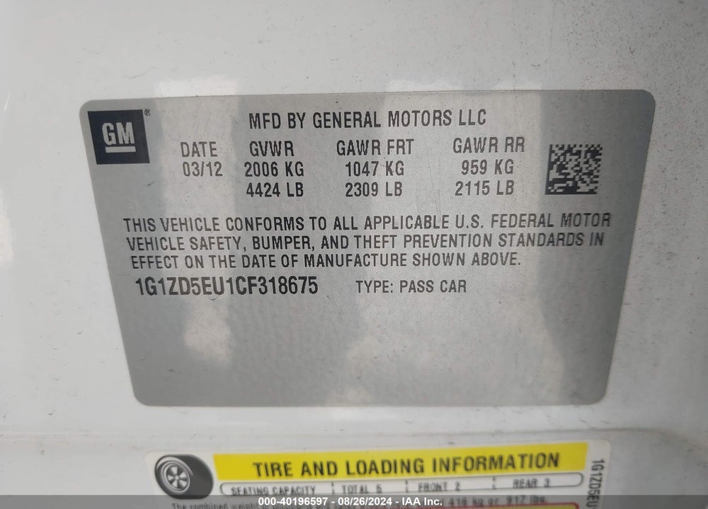 2012 CHEVROLET MALIBU 2LT VIN: 1G1ZD5EU1CF318675