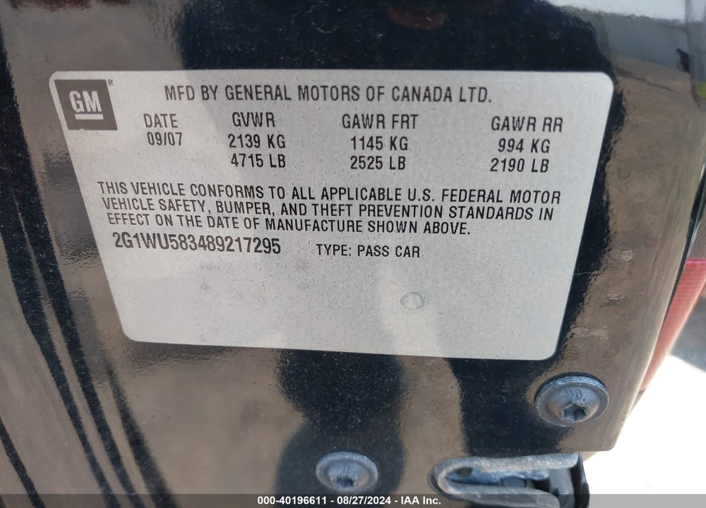 2008 CHEVROLET IMPALA LTZ VIN: 2G1WU583489217295