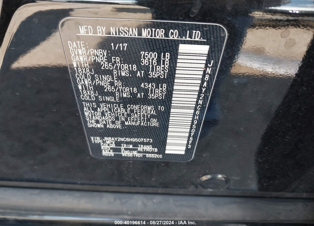2017 NISSAN ARMADA SV VIN: JN8AY2NC6H9507573