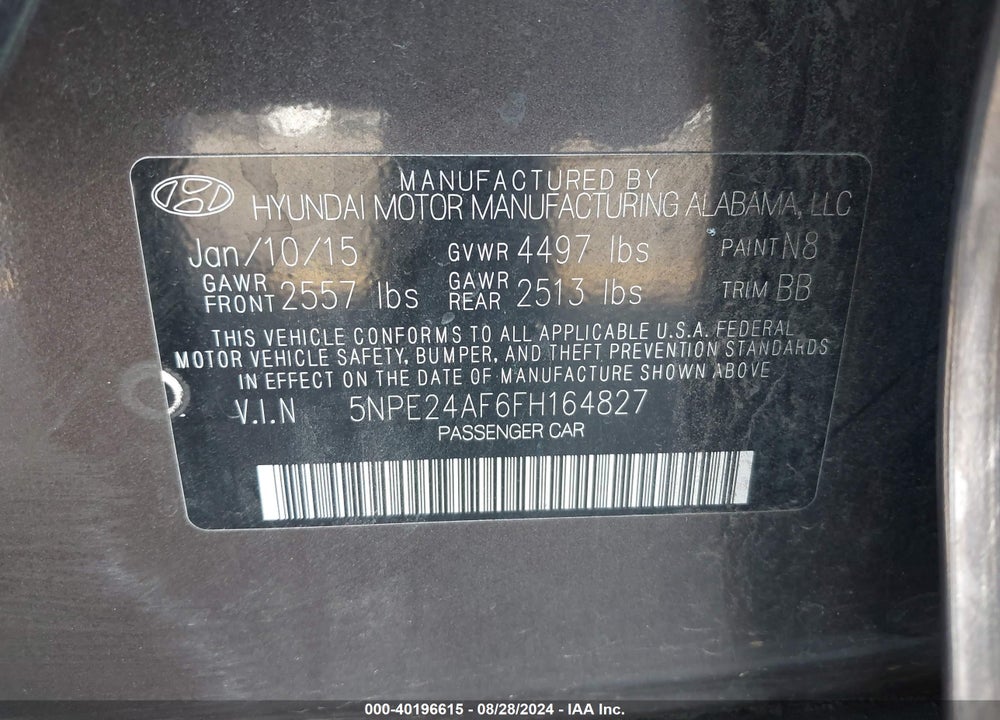 2015 HYUNDAI SONATA SE VIN: 5NPE24AF6FH164827
